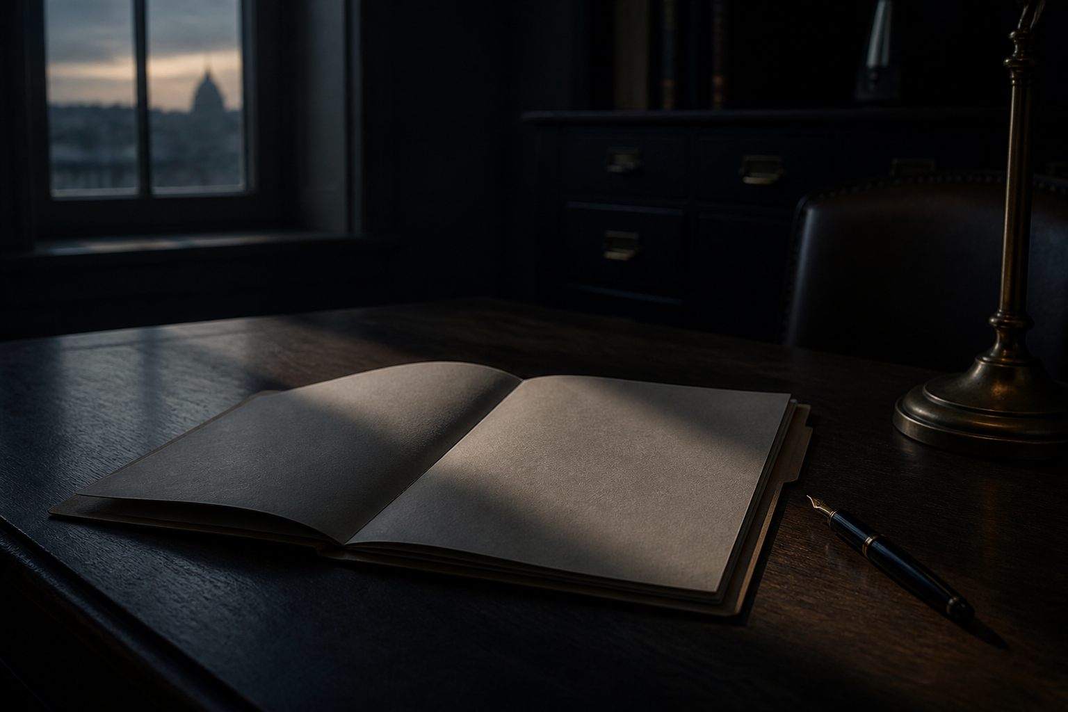 An open blank folder and a pen on a dark desk at dusk