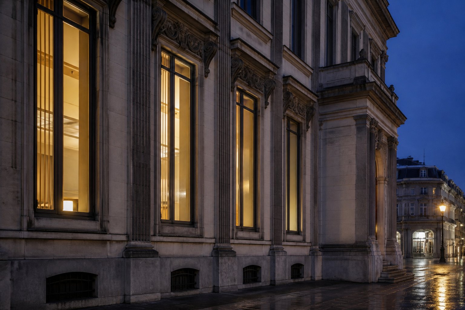 Stone office facade at dusk