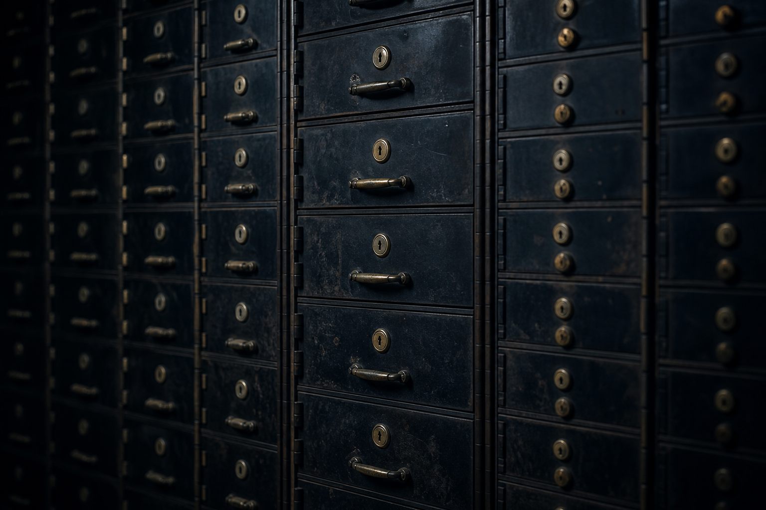 A wall of locked steel deposit boxes in low light